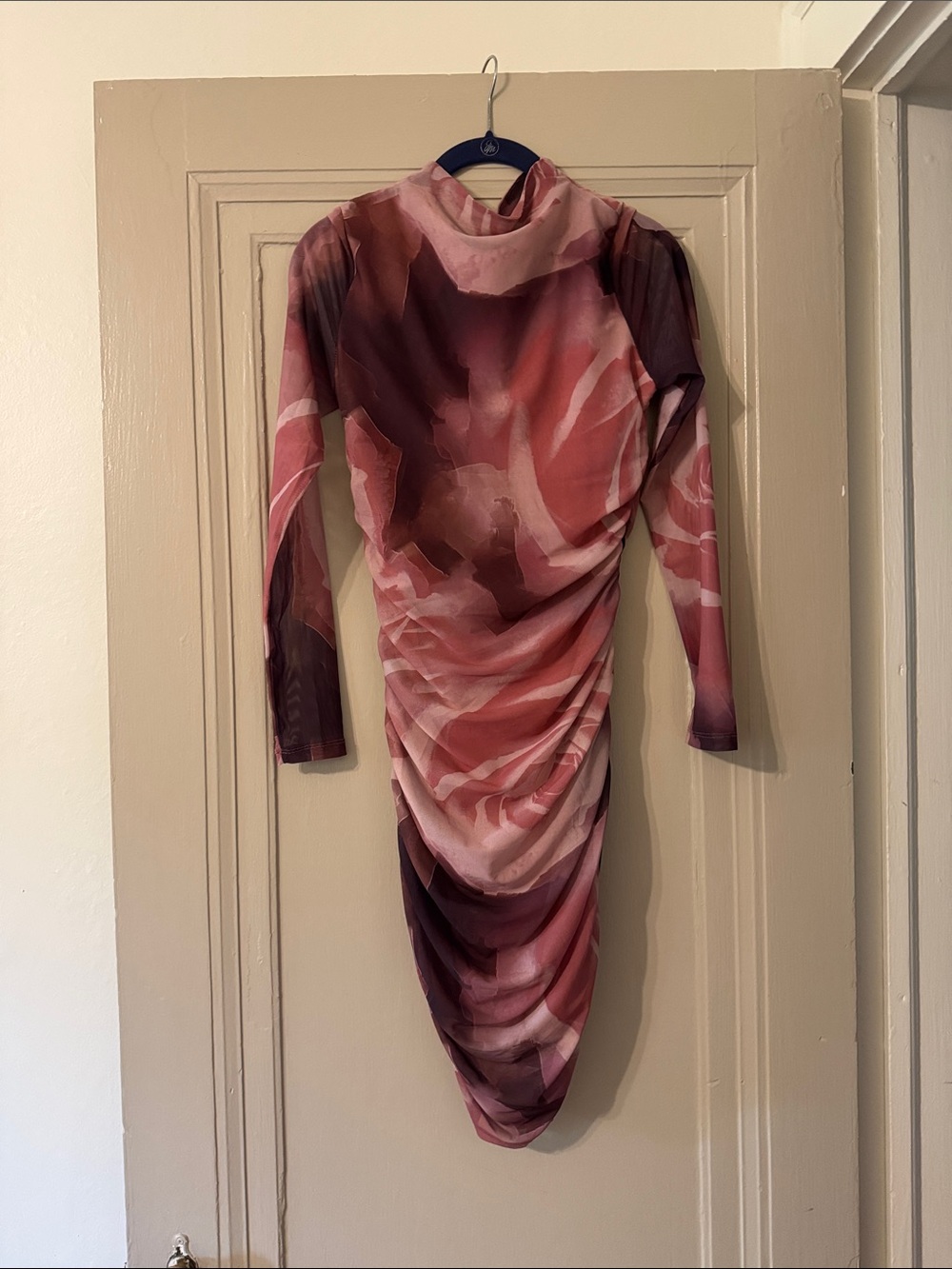 Anthropologie Pink and Mauve Ruched Long-Sleeve Sheath Dress